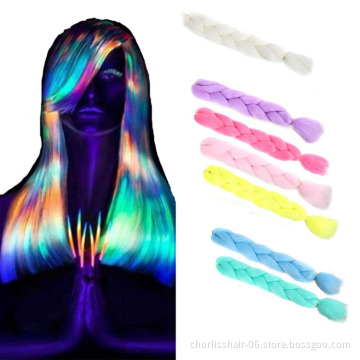 Free Sample Glowing Synthetic Jumbo Braids Bulks Fluorescent Green Shining In The Darkness Attachment For Braids Crochet Hair